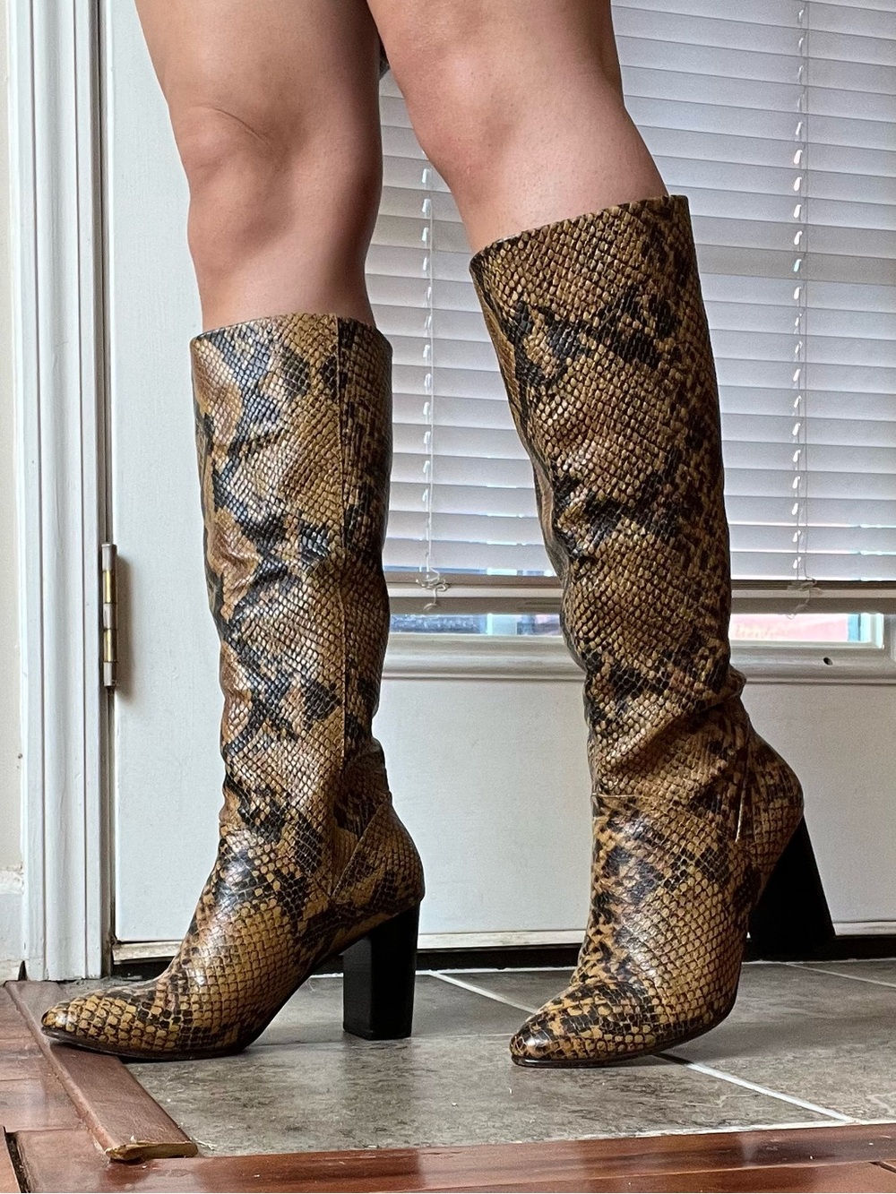 Snake-Print Knee Boot in Yellow/Brown